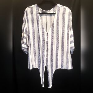 Absolutely Famous - blue and white strop, v neck, s/s tie bottom blouse